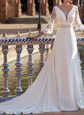 A-Line V-Neck 3/4 Sleeves Sweep Train Lace/Satin Wedding Dresses
