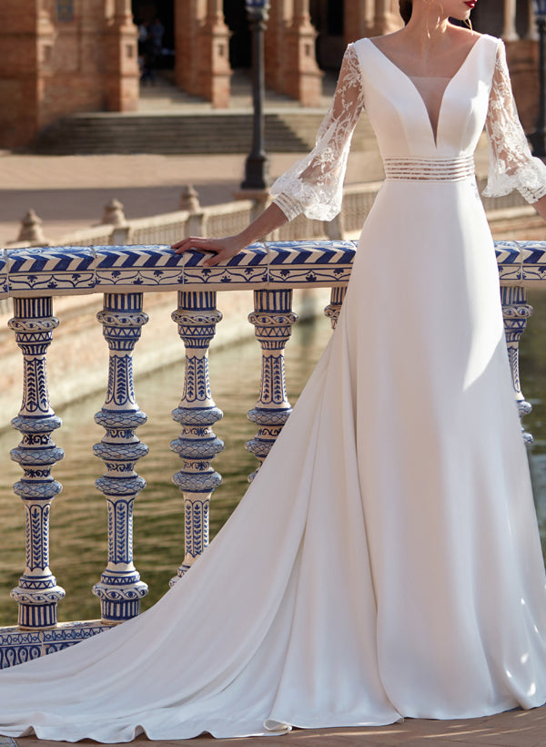 A-Line V-Neck 3/4 Sleeves Sweep Train Lace/Satin Wedding Dresses