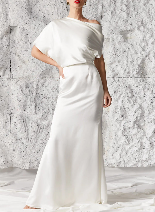 Sheath/Column Asymmetrical Short Sleeves Silk Like Satin Wedding Dresses