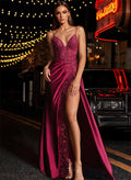 A-Line V-Neck Sleeveless Charmeuse Floor-Length Prom Dress With Lace