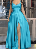 A-Line V-Neck Sleeveless Floor-Length Satin Prom Dresses With High Split