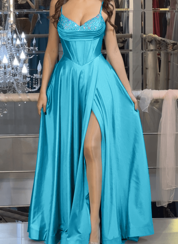 A-Line V-Neck Sleeveless Floor-Length Satin Prom Dresses With High Split