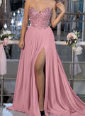 A-Line Sweetheart Sleeveless Chiffon Prom Dresses With High Split