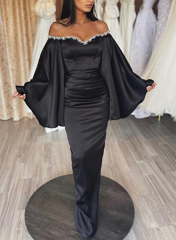 Sheath/Column Off-The-Shoulder Long Sleeves Silk Like Satin Evening Dresses