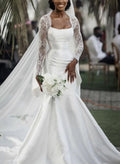Trumpet/Mermaid Square Neckline Satin Wedding Dresses With Lace