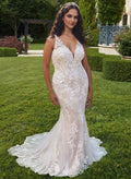 Trumpet/Mermaid V-Neck Sleeveless Chapel Train Lace/Tulle Wedding Dresses