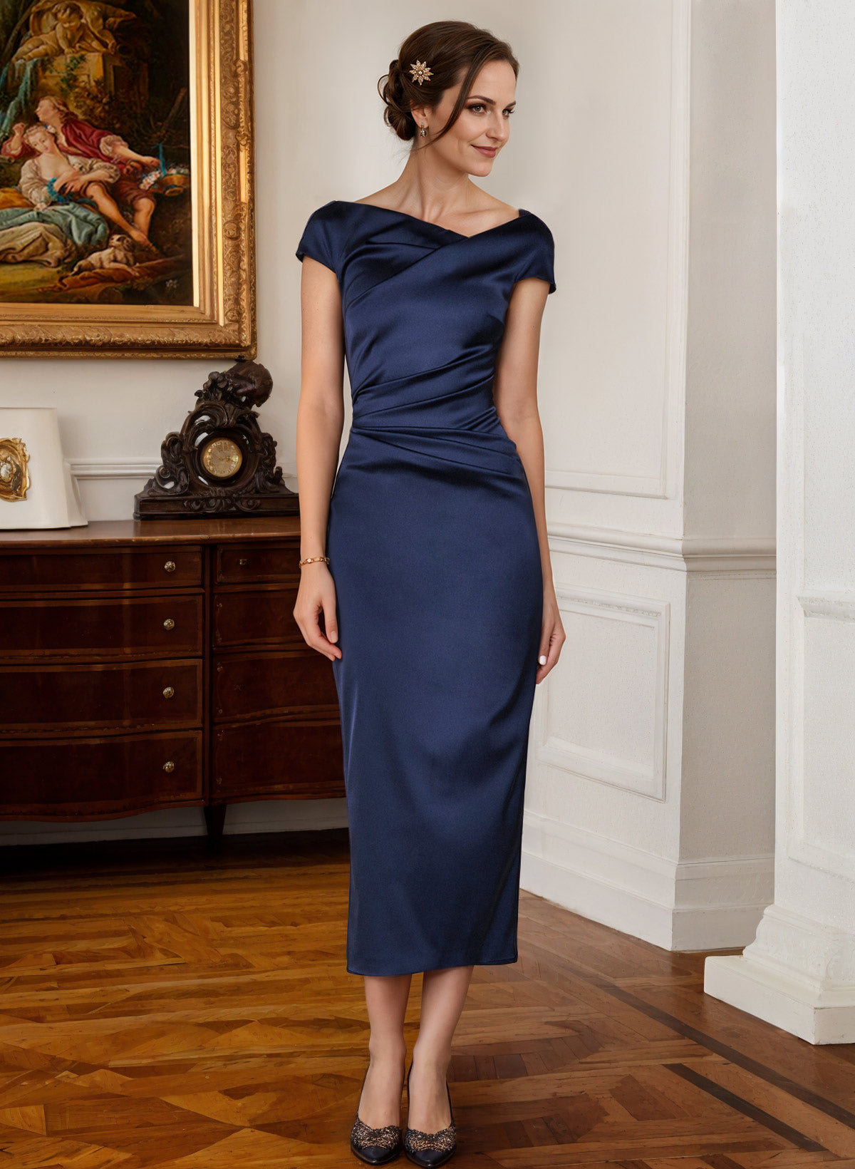 Sheath Cowl Neck Short Sleeves Tea-Length Charmeuse Cocktail Dresses