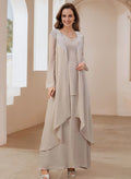 Elegant V-Neck Long Sleeves Floor-Length Mother Of The Bride Dresses With Optional Wrap