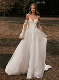 A-Line Sweetheart Court Train Wedding Dresses With Appliques Lace