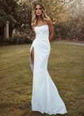 Mermaid Strapless Sleeveless Sweep Train Elastic Satin Wedding Dresses With Split Front