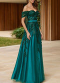 A-Line Off-The-Shoulder Satin/Tulle Prom Dresses With Sequins/Lace