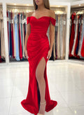 Trumpet/Mermaid Off-The-Shoulder Silk Like Satin Prom Dresses With Split Front