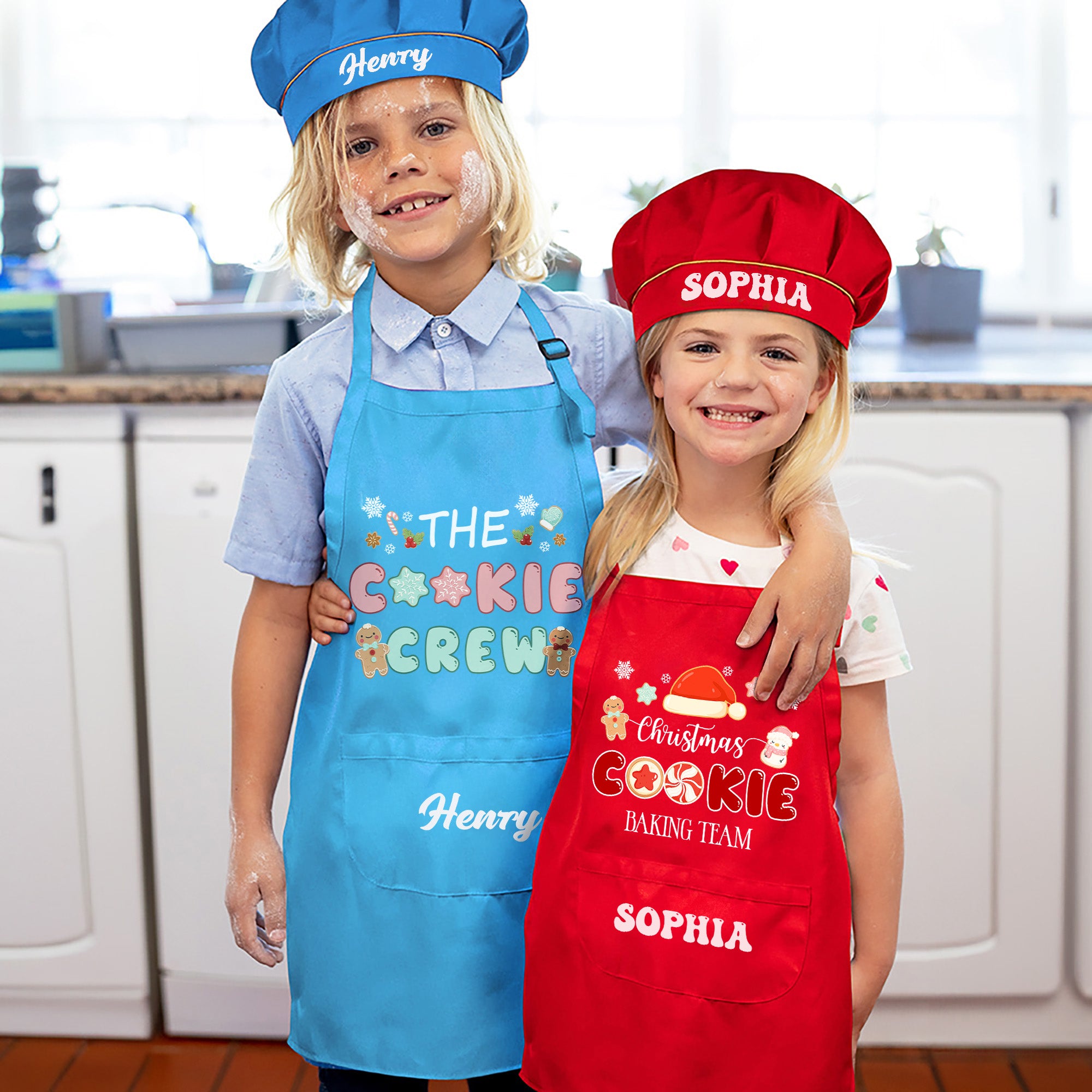Delantal ajustable para niños con tema de galletas y muñeco de jengibre Gingerbread Man Snowman Gorro de cocinero con bolsillo para cocinar Regalo de Navidad para niños y niñas