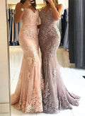 Trumpet/Mermaid Sweetheart Sleeveless Tulle Prom Dress With Appliques Lace