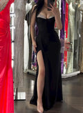 Sheath/Column V-Neck Sleeveless Stretch Satin Prom Dresses With High Split