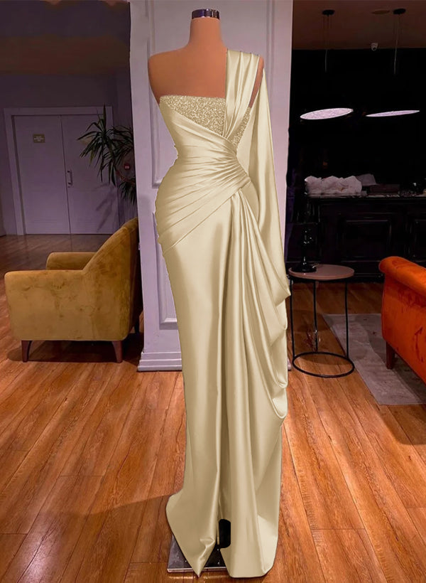 Trumpet/Mermaid One-Shoulder Silk Like Satin Prom Dresses With Pleated