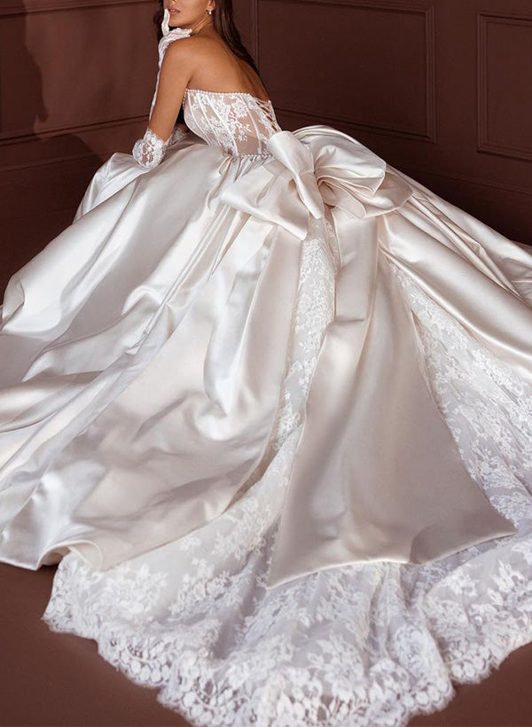 Ball-Gown Sweetheart Sleeveless Lace/Satin Wedding Dresses With Bow(s)