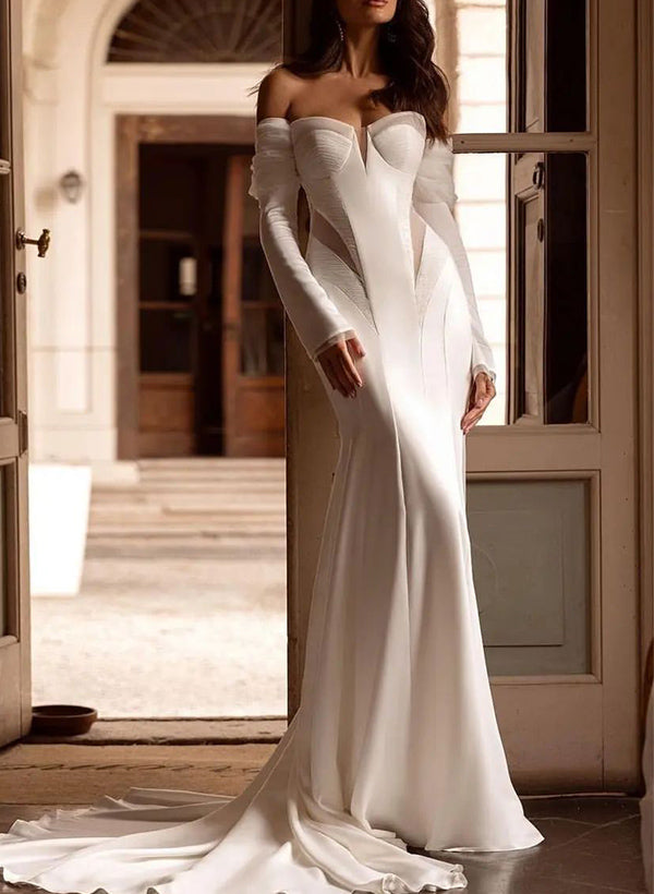 Sheath/Column Off-The-Shoulder Long Sleeves Sweep Train Wedding Dresses