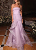 A-Line Strapless Sleeveless Floor-Length Organza Prom Dresses