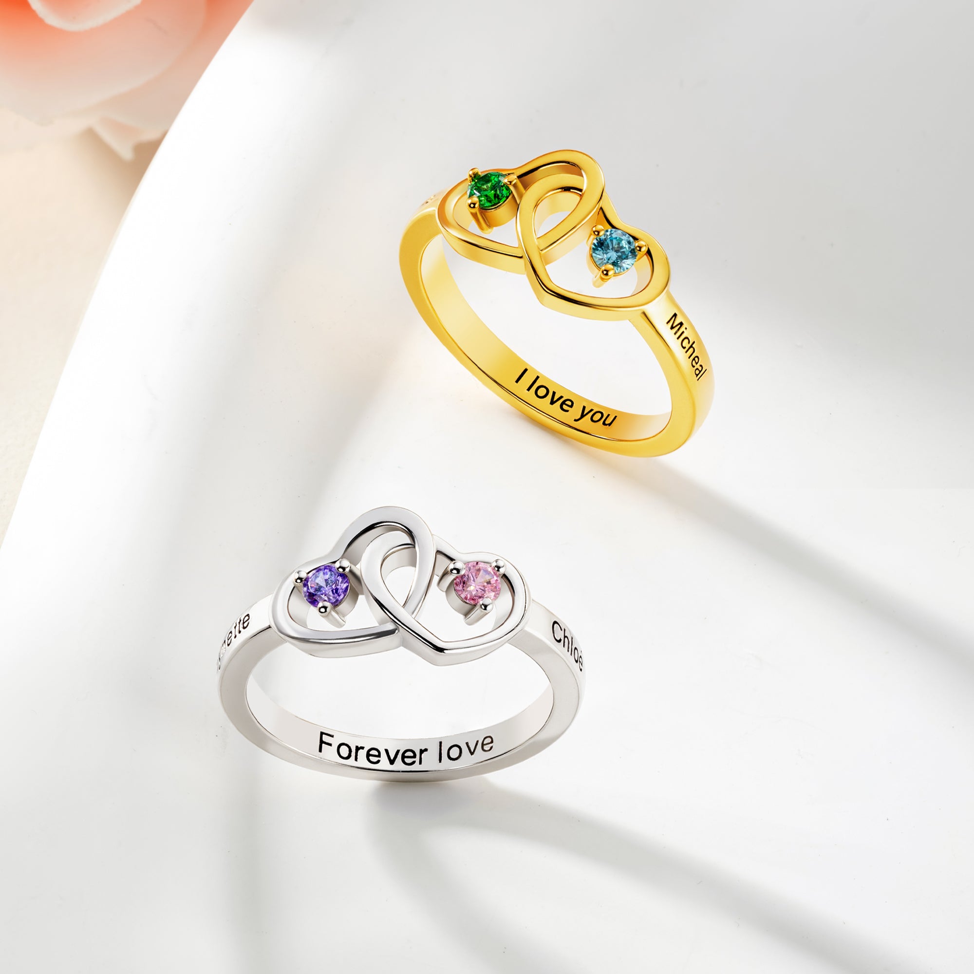 Personalizado entrelazados 2 Corazón Birthstone Anillo de plata de ley con el texto y el nombre del Día de San Valentín Cumpleaños Aniversario Regalo para Novia Mujer