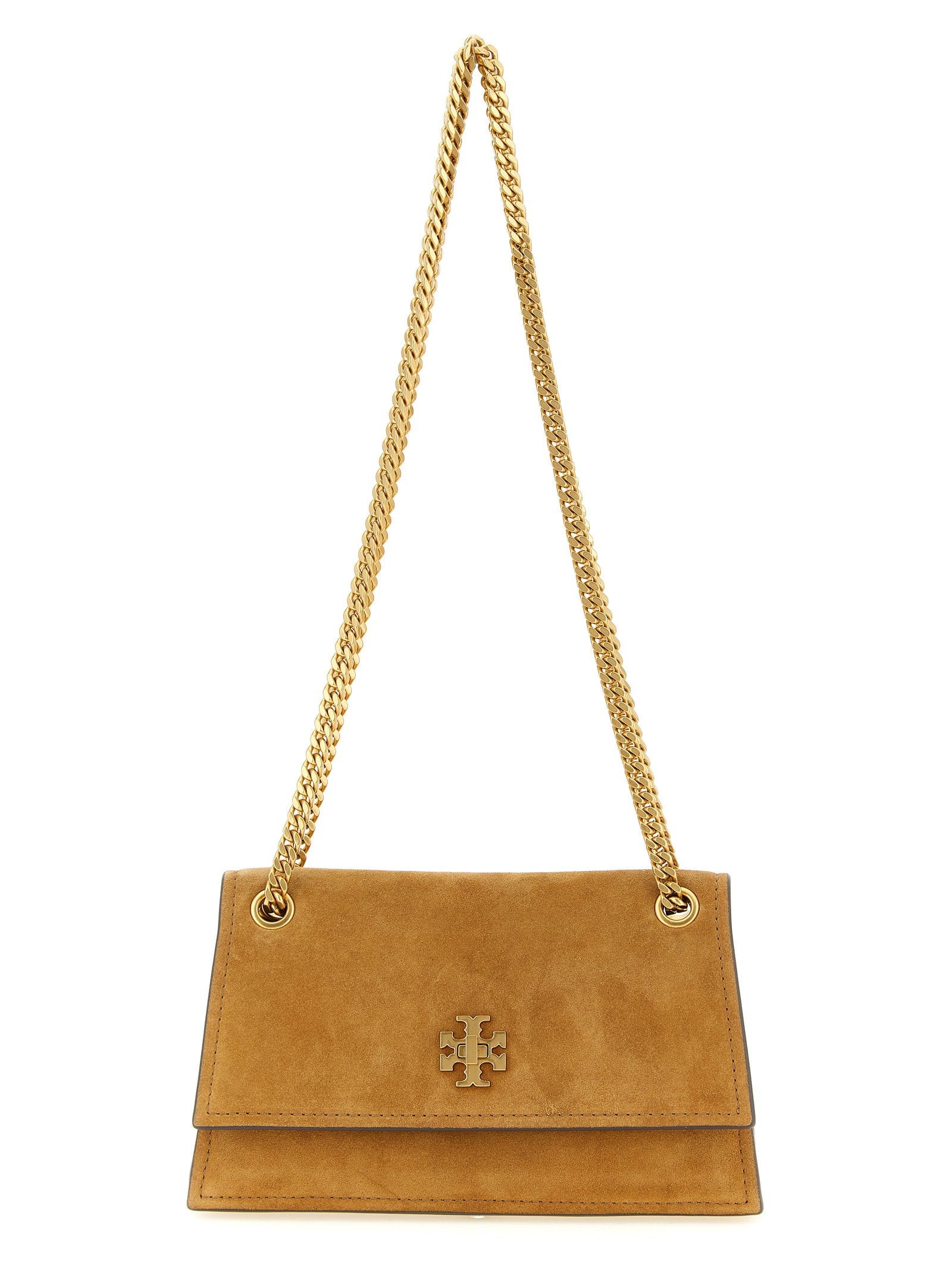 Tory Burch Suede Turnlock Shoulder Bag — Cognac