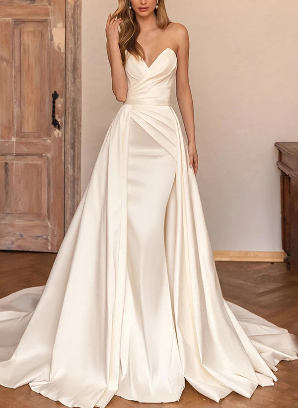 A-Line Sweetheart Sleeveless Court Train Satin Wedding Dresses