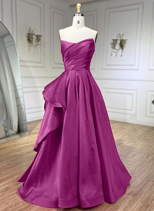 A-Line Strapless Sleeveless Floor-Length Satin Prom Dresses With Ruffle