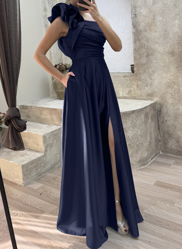 A-Line One-Shoulder Sleeveless Satin Prom Dresses With Ruffle/Pockets/High Split