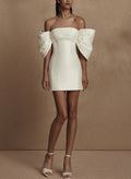 Sheath/Column Off-The-Shoulder Short/Mini Satin Wedding Dresses With Bow(s)