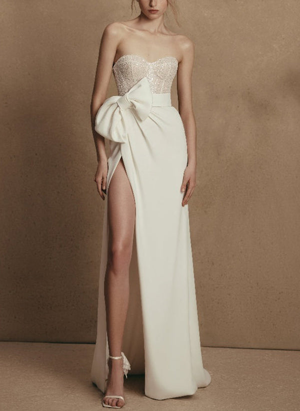 Sheath/Column Sweetheart Elastic Satin/Sequined Wedding Dresses With Bow(s)
