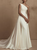 A-Line One-Shoulder Sleeveless Detachable Matte Satin Wedding Dresses