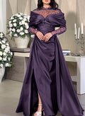 Sheath/Column High Neck Long Sleeves Satin Prom Dresses With High Split
