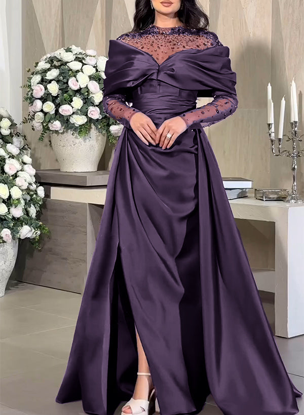Sheath/Column High Neck Long Sleeves Satin Prom Dresses With High Split