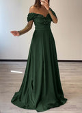 A-Line Off-The-Shoulder Long Sleeves Sweep Train Crepe Satin Prom Dresses