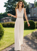Jumpsuit/Pantsuit V-Neck Sleeveless Elastic Satin Floor-Length Wedding Dresses With Lace Sash