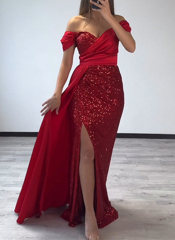 Sheath/Column Silk Like Satin/Sequined Evening Dresses With High Split