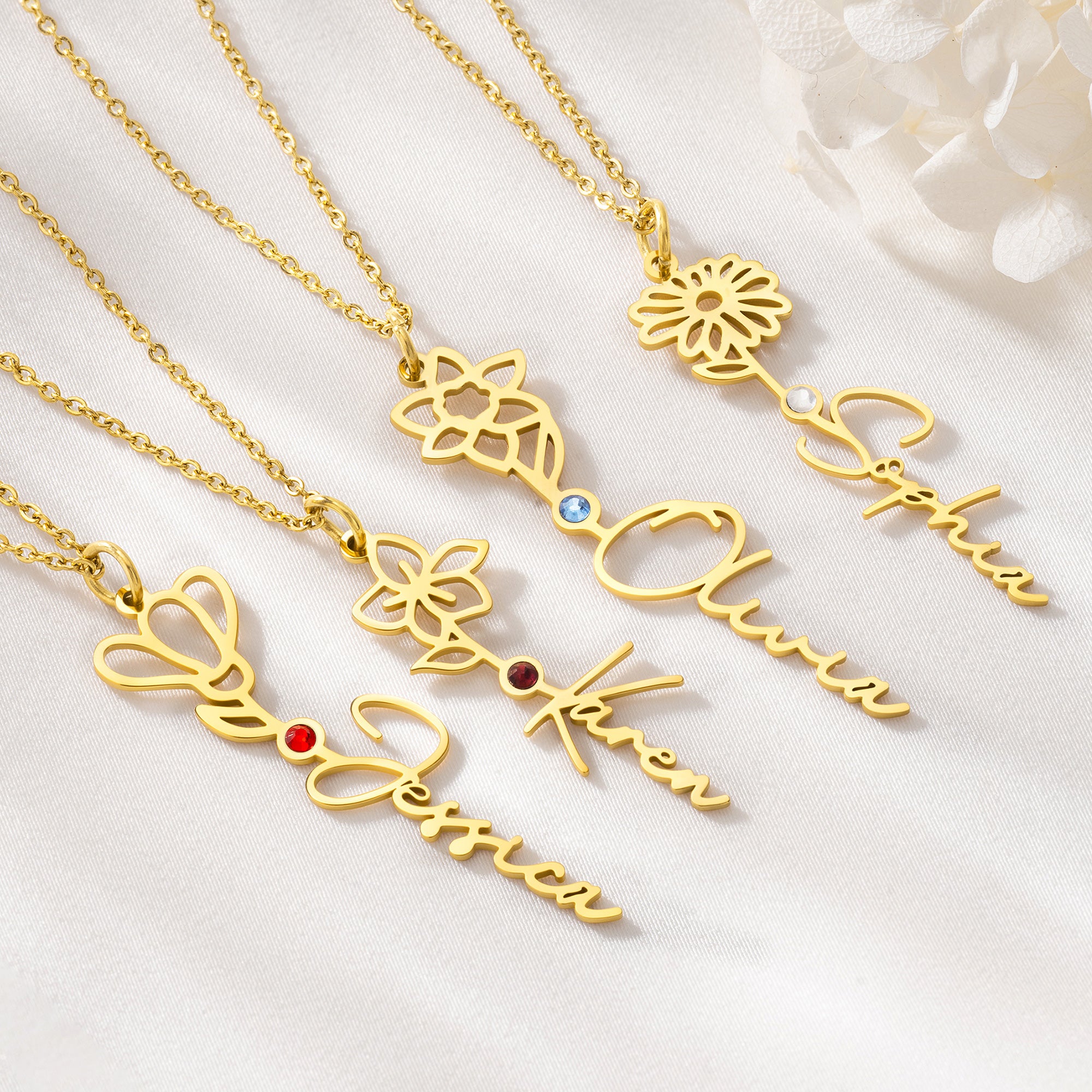 Personalizado Birthstone Birth Flower Collar con Nombre Birthday Anniversary Gift for Mom Grandma Aunt Girlfriend