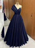 A-Line One-Shoulder Sleeveless Floor-Length Matte Satin Prom Dresses With Pleated
