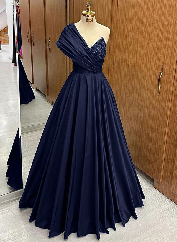 A-Line One-Shoulder Sleeveless Floor-Length Matte Satin Prom Dresses With Pleated