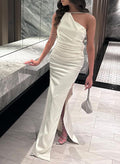 Sheath/Column Stretch Satin Prom Dresses With Back Hole/High Split