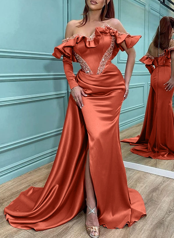 Trumpet/Mermaid Off-The-Shoulder Satin Prom Dresses With High Split