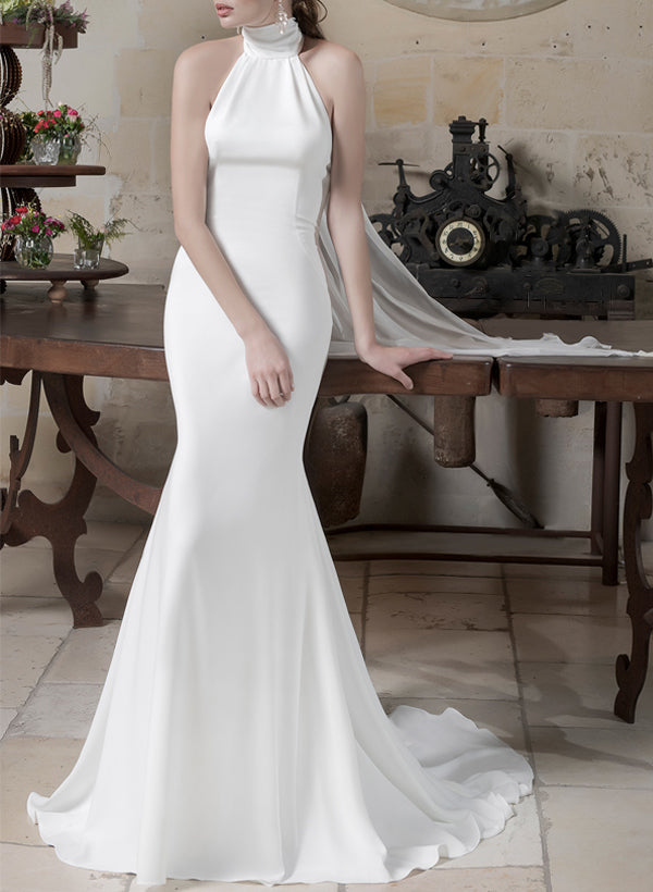 Trumpet/Mermaid Halter Sleeveless Sweep Train Chiffon Wedding Dresses