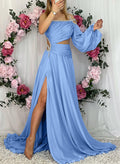 A-Line Strapless Long Sleeves Sweep Train Chiffon Prom Dresses With High Split