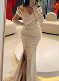 Trumpet/Mermaid Off-The-Shoulder Sequined Bridesmaid Dresses With High Split