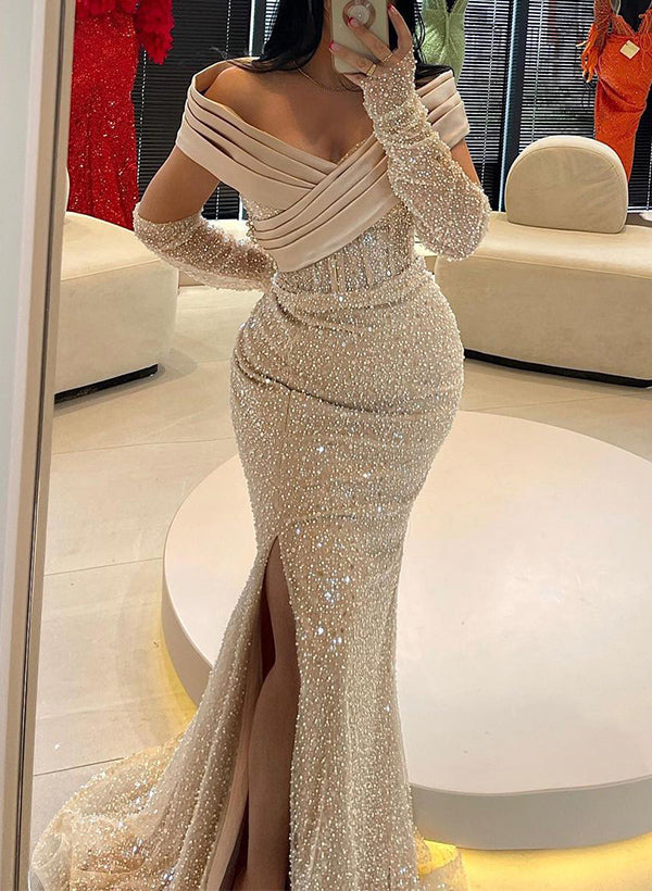 Trumpet/Mermaid Off-The-Shoulder Sequined Bridesmaid Dresses With High Split