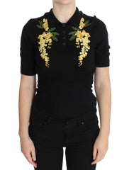 Women's Black Silk Floral Embroidered Polo Top