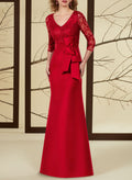 Sheath/Column Satin Mother Of The Bride Dresses With Bow(s)/Appliques Lace