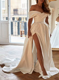 A-Line Off-The-Shoulder Sleeveless Satin Court Train Wedding Dress
