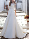 A-Line Off-The-Shoulder 1/2 Sleeves Satin Wedding Dresses With Lace