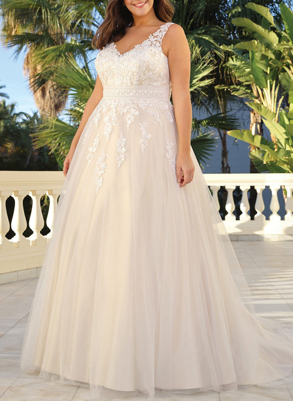 A-Line V-Neck Sleeveless Court Train Lace/Tulle Plus Size Wedding Dresses